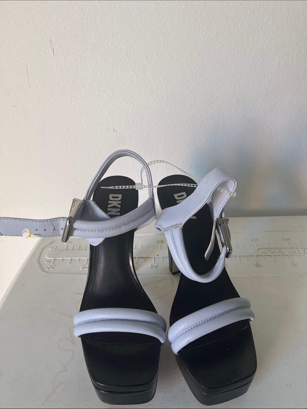 DKNY White and Black Strappy Platform Heels